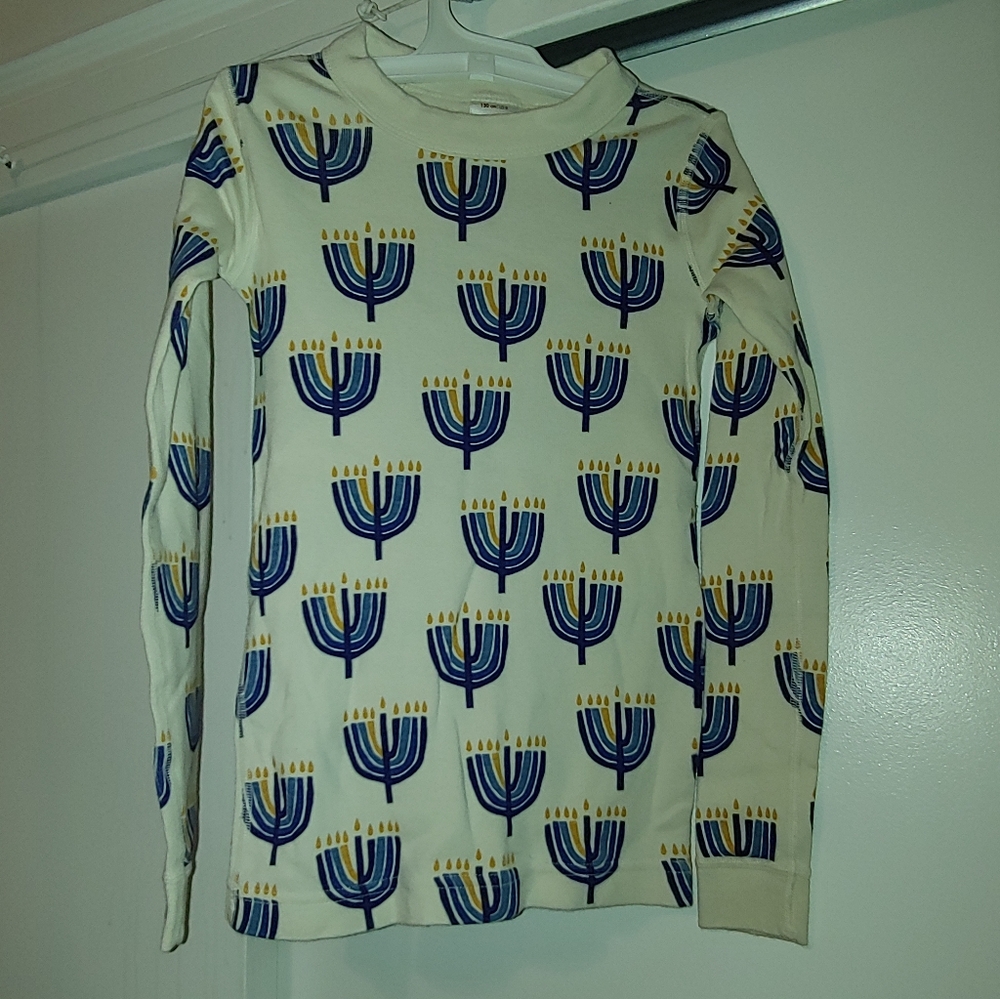 Festive Kids Long Sleeve Tee with Blue and Gold Menorahs